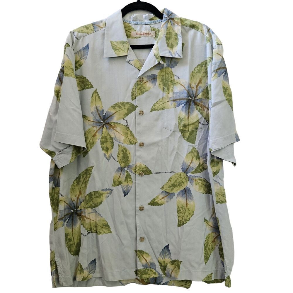 Tommy Bahama Jacquard Hawaiian Floral Camp Shirt Men L Silk Short Sleeve Coastal
